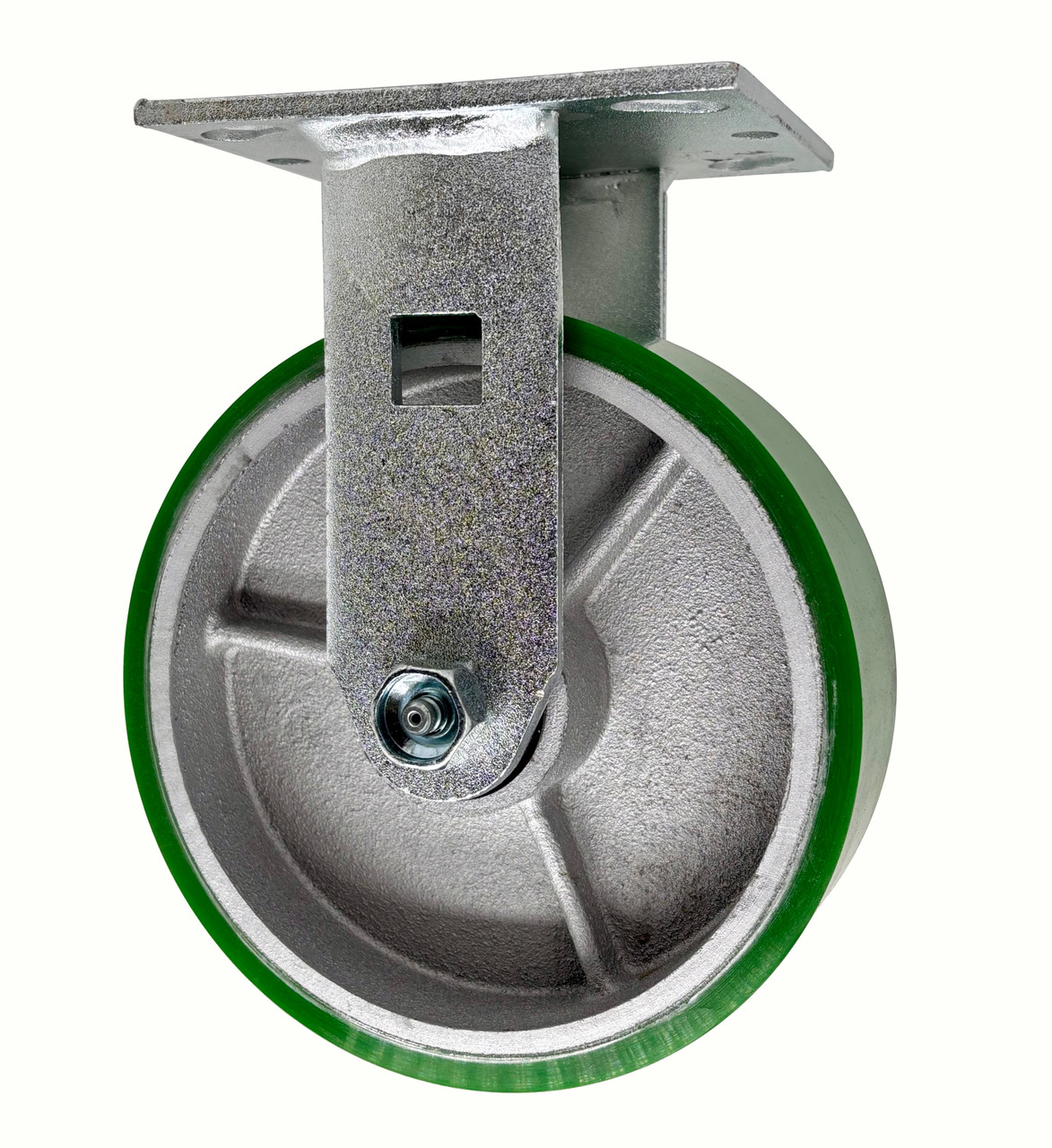 6PCGIR 6" x 2" Rigid Plate Caster, Green Polyurethane on Silver Cast Iron Wheel