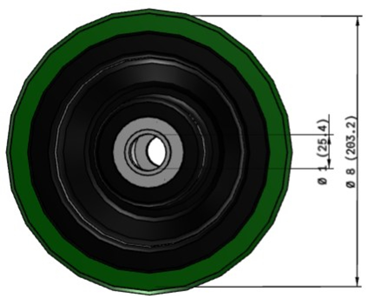PX0850916 8" x 3" thick tread polyurethane on cast iron wheel, 1" tapered bearings
