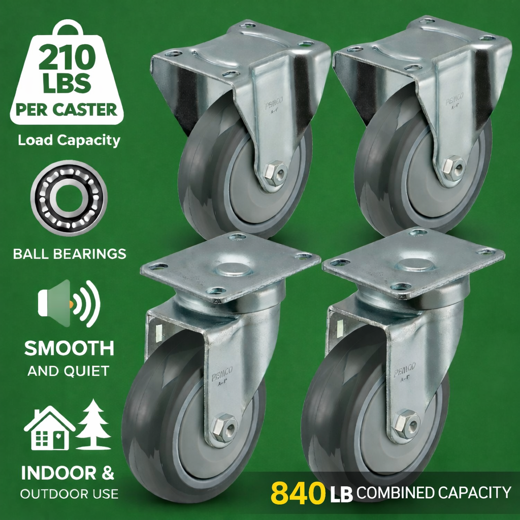 These casters can be used indoors and outdoors and can carry up to 840 lbs