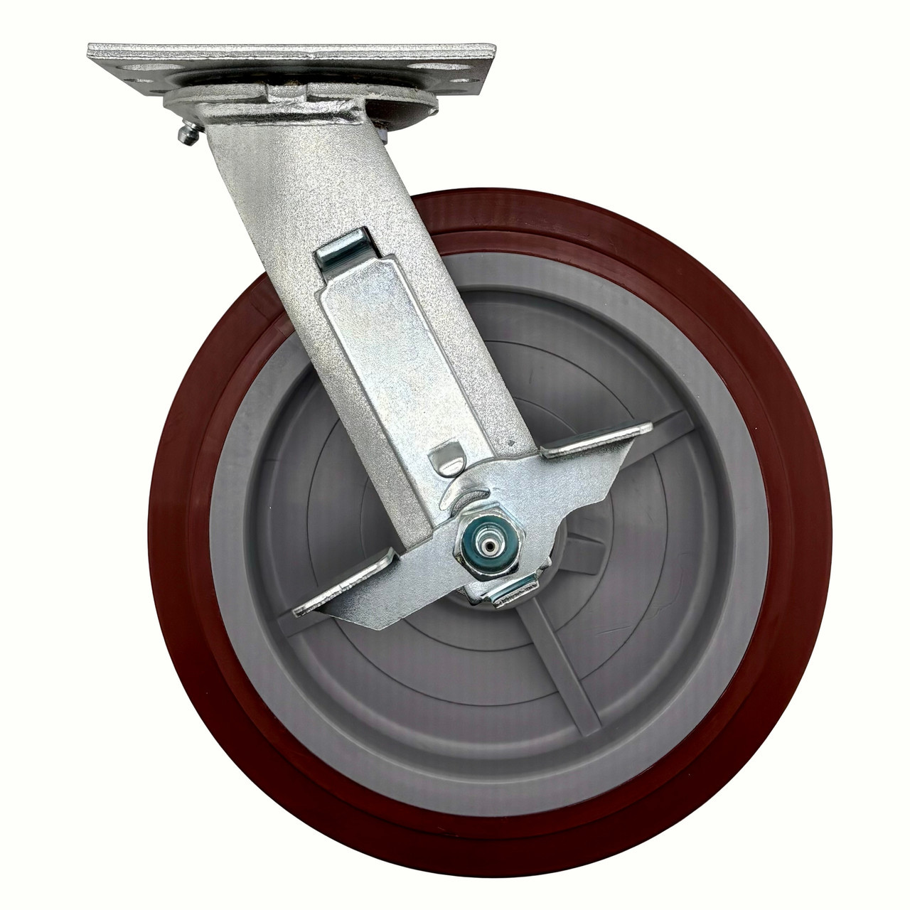 8" Maroon poly on poly swivel caster with brake