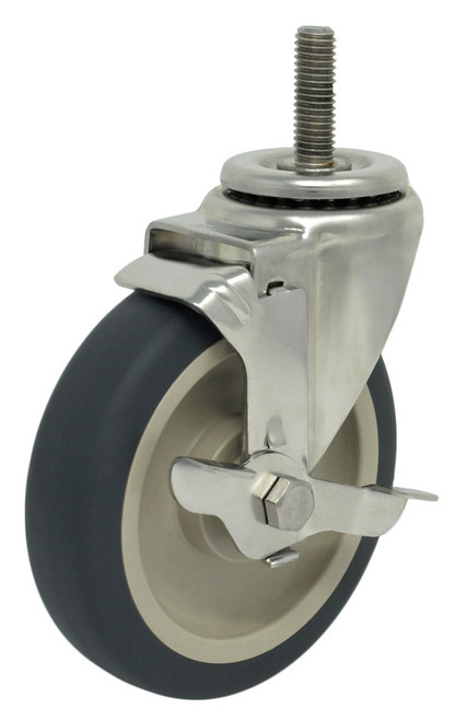 5DXSSPPSB 5" Stainless Stem Brake Caster, Gray Polyurethane Tread
