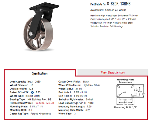 S-SECK-13HMB Heavy duty high-temperature swivel caster