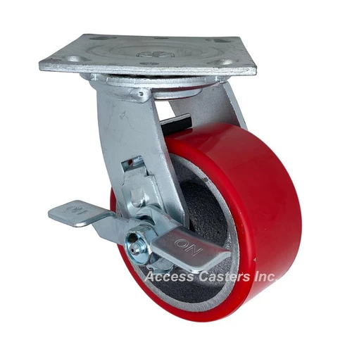 4" x 2" Swivel Plate Caster w/ Brake, Polyurethane on Cast Iron Wheel
