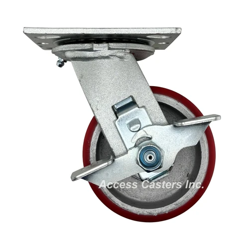 4AEMISB 4" x 2" Swivel Plate Caster w/ Brake, Polyurethane on Cast Iron Wheel