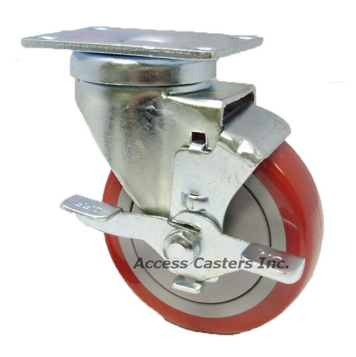 4 inch Swivel Caster with Brake Red Polyurethane Tread Wheel Top Plate