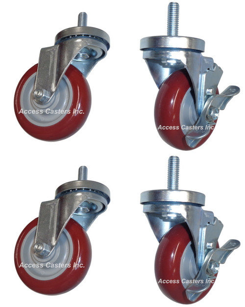 4DPM12-SET 4 Inch Threaded Stem Caster Set with Maroon Polyurethane Wheels
