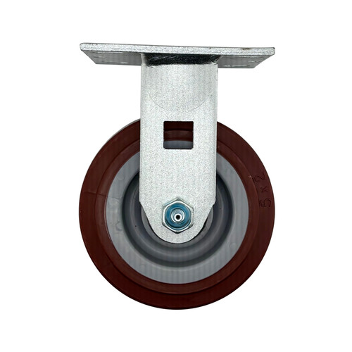 5CEMR 5" x 2" Rigid Plate Caster, Maroon polyurethane on gray polyolefin wheel