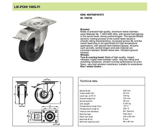 LIX-POHI 100G-FI Blickle Heat-Resistant Stainless Steel Total-Lock Caster