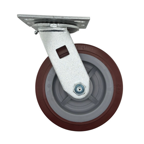 6CEMS 6" x 2" Swivel Plate Caster, Maroon Polyurethane on Polyolefin Wheel