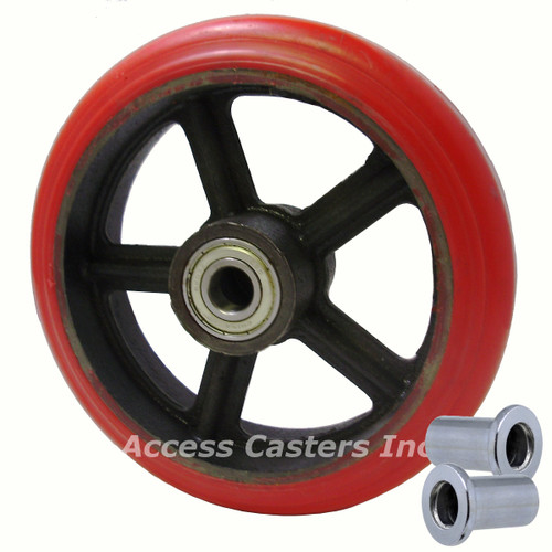 PC-4080RED-TH 8" x 2" Crowned Red Polyurethane Wheel with precision ball bearing