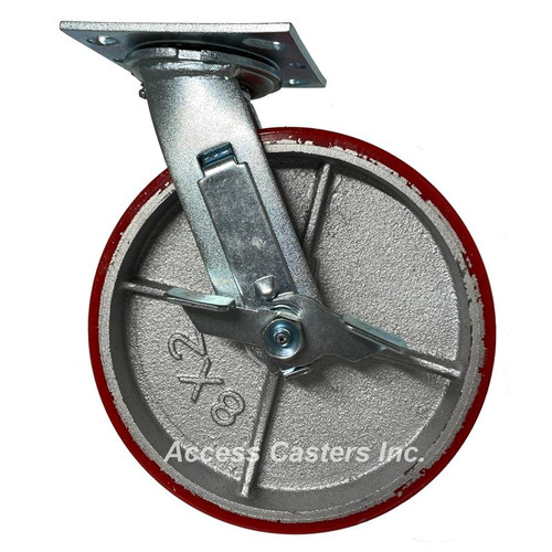 8AEMISB 8" Swivel Plate Caster with Brake, Polyurethane on Cast Iron Wheel