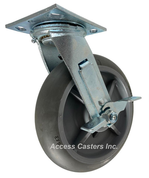 8" x 2" Swivel Plate Caster with Brake, TPR Round Wheel