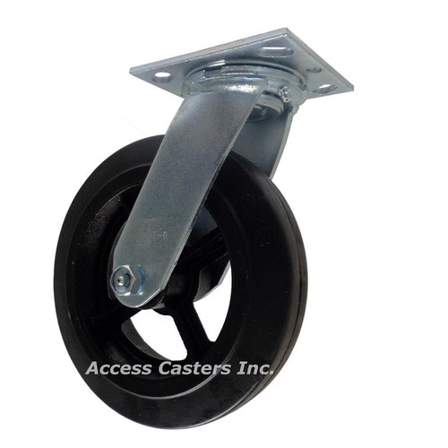 8" x 2" Swivel Plate Caster, Mold on Rubber on Cast Iron Wheel