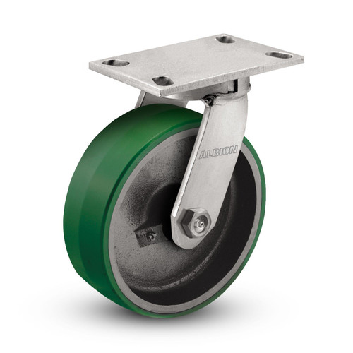 310PY10501S 10" x 3" Kingpinless Swivel Plate Caster, Poly on Cast Iron Wheel