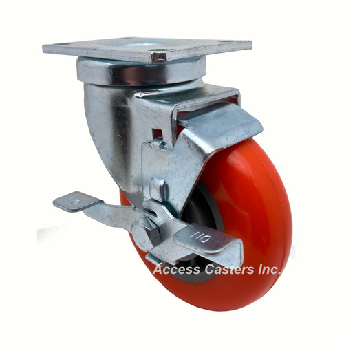 4DEU-SB 4" swivel caster with brake, bright orange tread wheel
