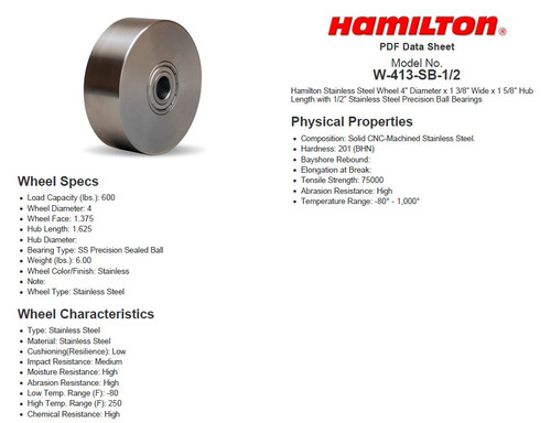 W-413-SB-1/2 Hamilton 4" x 1-3/8" Stainless Steel Wheel