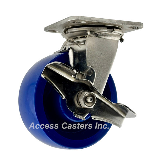 5DSSDLSB Stainless Steel Swivel Caster with Brake, 5 Inch Blue Elastomer Wheel