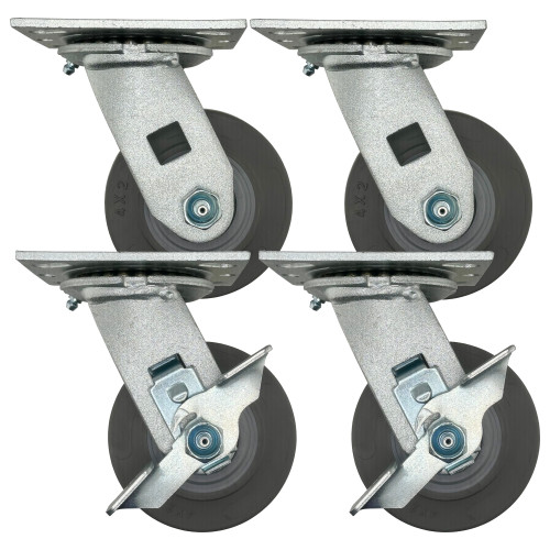 4" Thermo-Rubber Flat Tread Medium Duty Caster Wheel SET