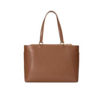 Tan brown work bag with laptop pocket, cup holders and suitcase sleeve for easy travel