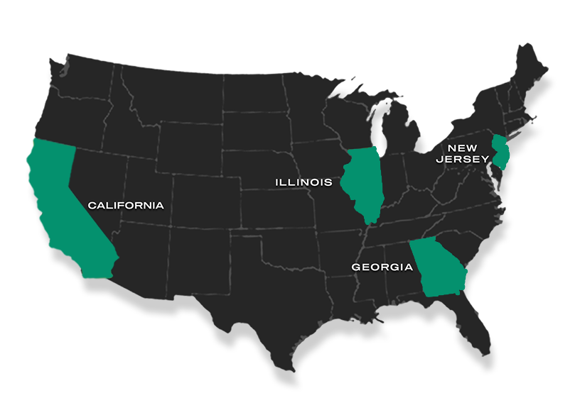 US map with CA, IL, GA highlighted