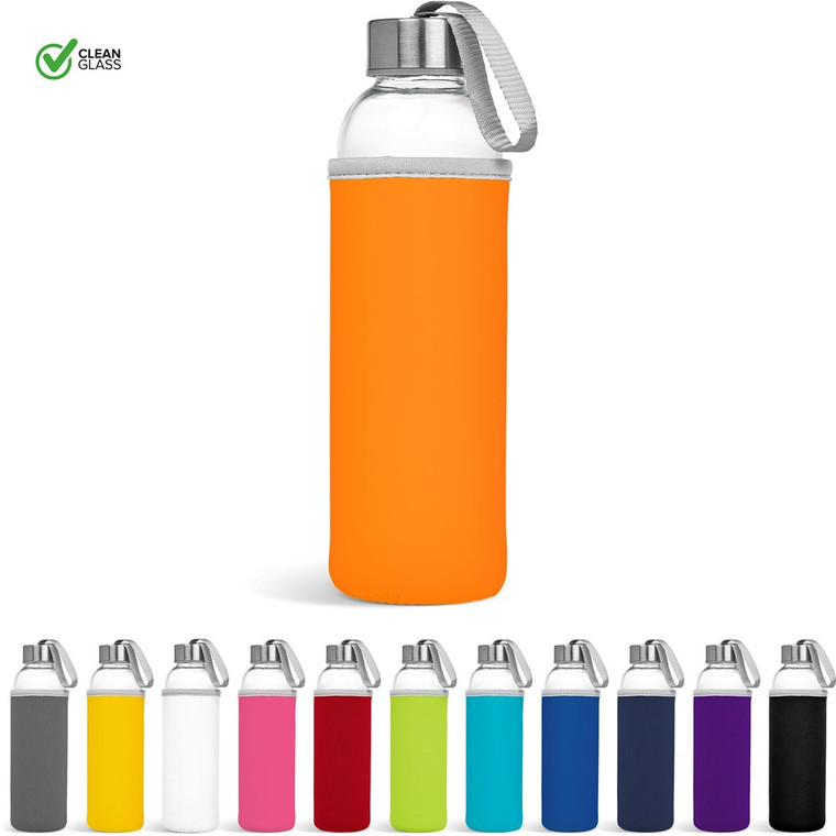 glass water bottle with neoprene sleeve