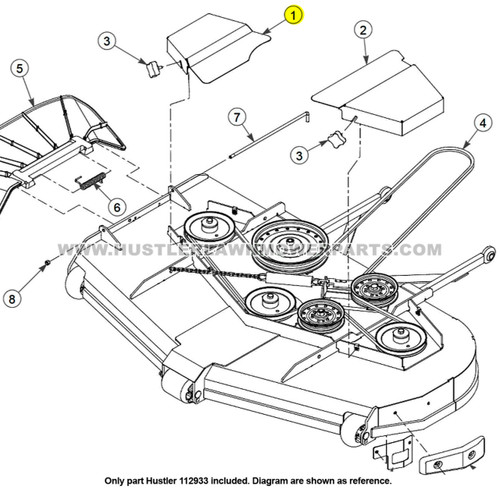 Parts lookup Hustler 112933 RH 60" Pulley Cover OEM diagram