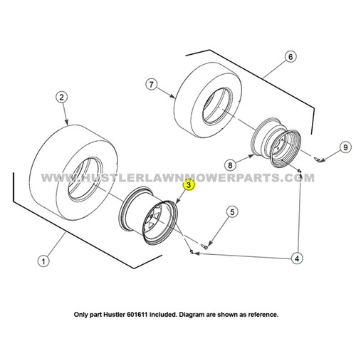 Parts lookup Hustler 601611 Wheel 12X10.50 5X4.5 OEM diagram