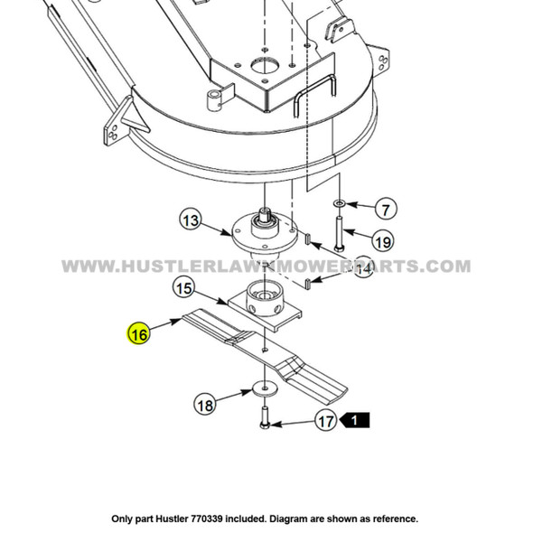 Parts lookup Hustler 770339 19" Lawn Mower Blade OEM diagram