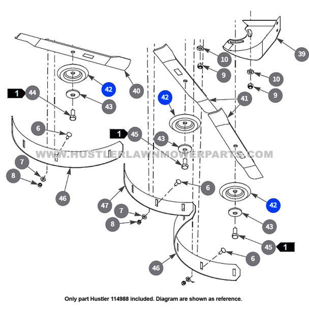 Parts lookup Hustler 114988 Blade Bolt Shield OEM diagram