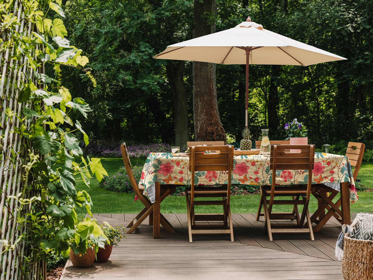 Outdoor Garden Water Resistant Tablecloth AVAILABLE IN 7 SIZES - Optional  Centre Hole for Parasol - Midsummer Morning Floral