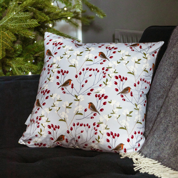 Luxury Christmas Velvet Cushion - Robin & Berries Light Grey - Available in 2 Sizes
