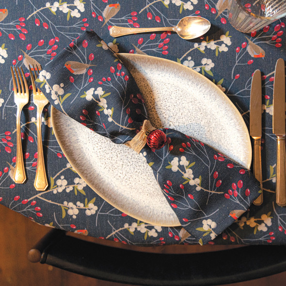 Luxury Linen-Feel Christmas Napkins - Robin & Berries Navy (38cm) Available in Set of 4 or 6