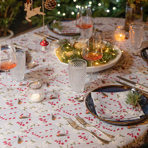 Christmas Water & Stain Resistant Indoor & Outdoor Tablecloth - Robin & Berries Grey