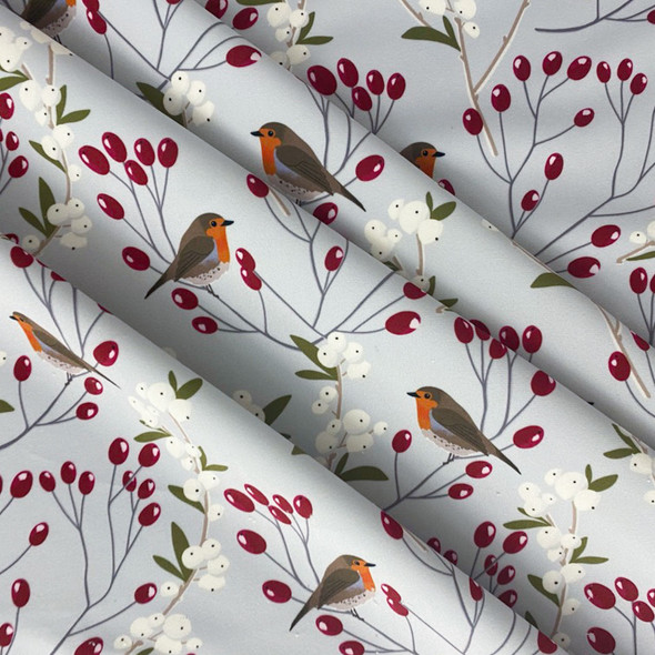 Super Soft-Touch Velvet Fabric by the Metre  - Robin & Berries Grey, Christmas Design