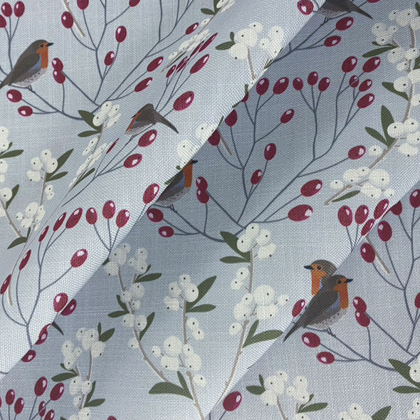 Luxury Linen Feel Fabric by the Metre - Robin & Berries Grey, Festive Christmas Design