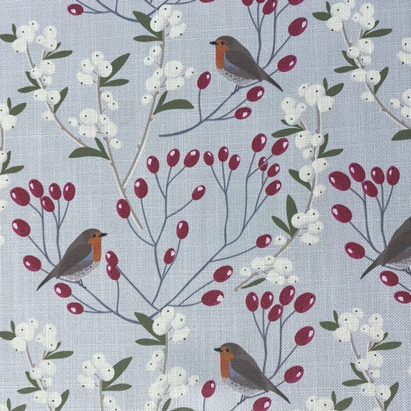 Luxury Linen Feel Fabric by the Metre - Robin & Berries Grey, Festive Christmas Design