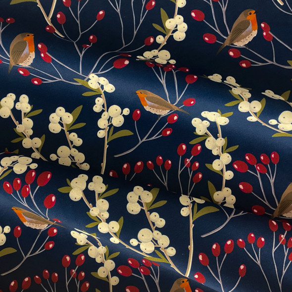 Luxury Heavyweight Upholstery Soft-Touch Velvet Fabric by the Metre  - Robin & Berries Navy, Christmas Design