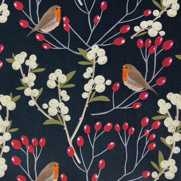 Luxury Linen Feel Fabric by the Metre - Robin & Berries Navy, Festive Christmas Design