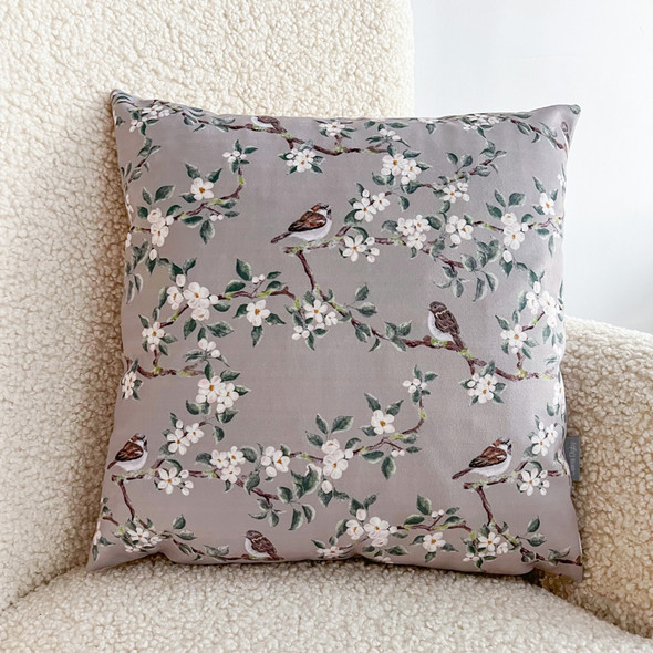 Luxury Super Soft Velvet Cushion - Orchard Blossom Taupe - Available in 3 Sizes, Square and Rectangular, Floral Design with Sparrows