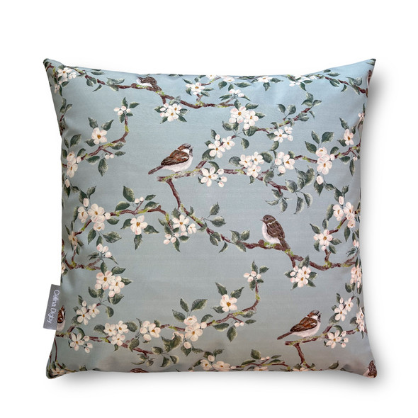 Water Resistant Garden Cushion - Orchard Blossom Duck Egg, Sparrow Bird & Floral