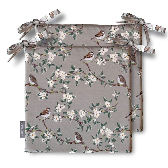 Set of 2 Water Resistant Garden Seat Pads - Orchard Blossom Taupe - Sparrow Birds & Floral Design (Available in 3 Sizes)