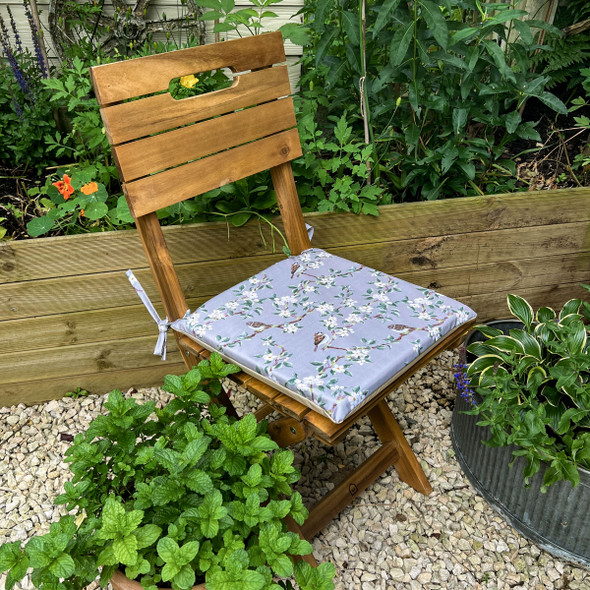 Set of 2 Water Resistant Garden Seat Pads - Orchard Blossom Taupe - Sparrow Birds & Floral Design (Available in 3 Sizes)