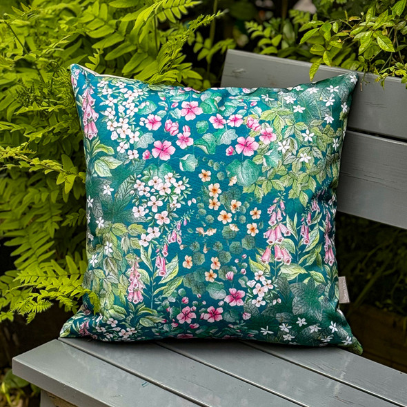 Water Resistant Garden Outdoor Cushion - Cottage Garden Teal Traditional Floral Design