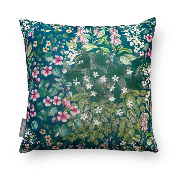 Water Resistant Garden Outdoor Cushion - Cottage Garden Teal Traditional Floral Design