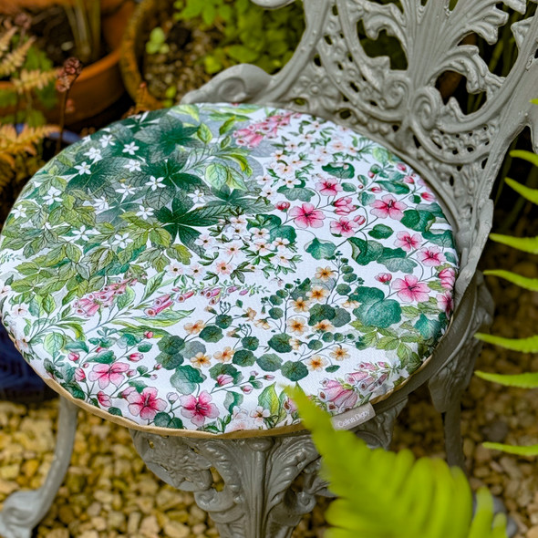 Circular / Round (38cm) Water Resistant Garden Seat Pad - Cottage Garden White, Traditional Floral Design