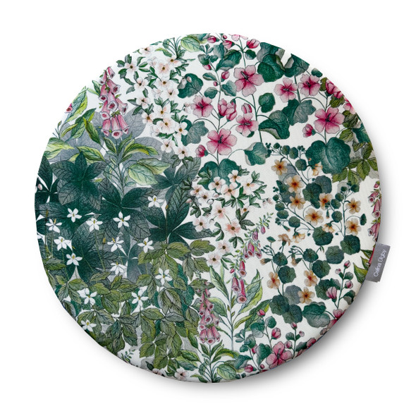 Circular / Round (38cm) Water Resistant Garden Seat Pad - Cottage Garden White, Traditional Floral Design