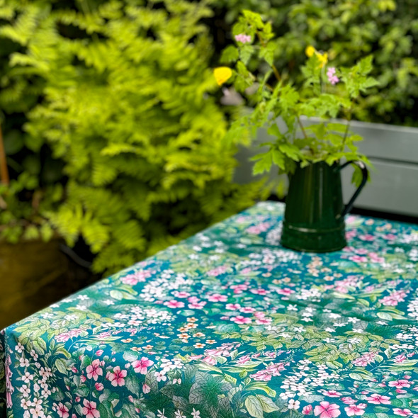 Outdoor Garden Water Resistant Tablecloth AVAILABLE IN 7 SIZES - Optional Centre Hole for Parasol - Cottage Garden Teal, Traditional Floral