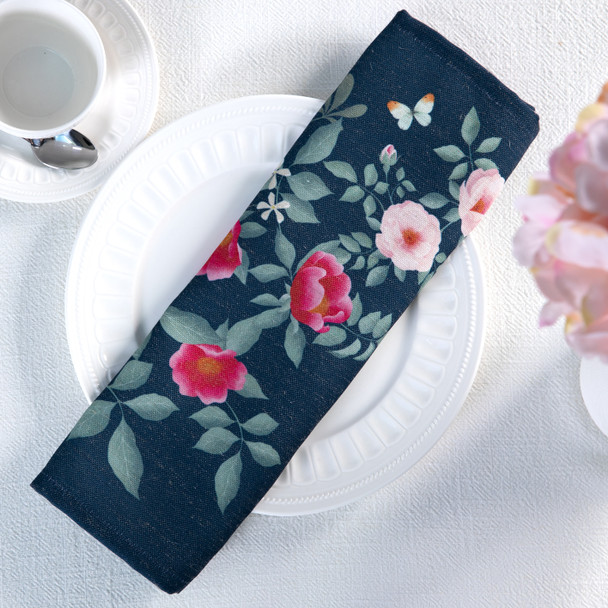 Celina Digby Luxury Eco-Friendly Recycled Linen-Like Fabric Napkin Set - Rose Garden Navy - (38 x 38cm)