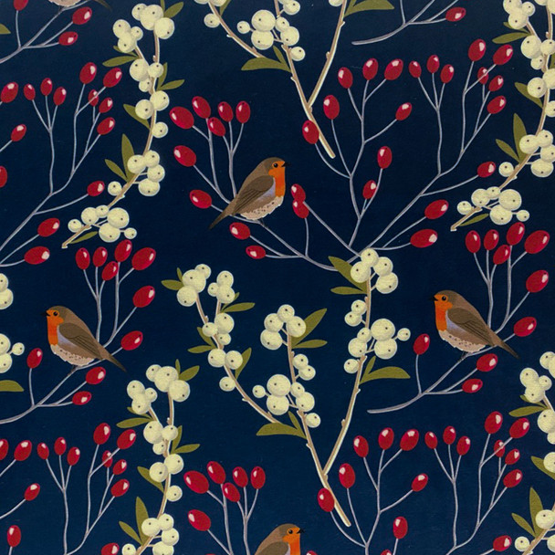 Luxury Heavyweight Upholstery Soft-Touch Velvet Fabric by the Metre  - Robin & Berries Navy, Christmas Design