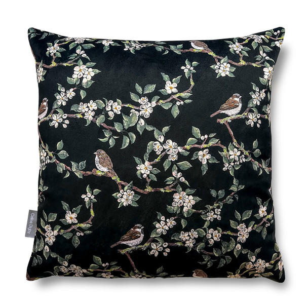 Luxury Super Soft Velvet Cushion - Orchard Blossom Black - Available in 3 Sizes, Square and Rectangular, Floral Design with Sparrows